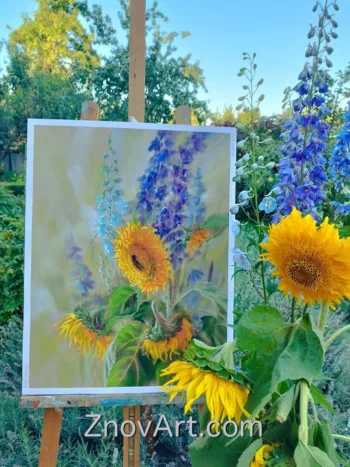 A sunny day. Sunflowers, delphinium - Image 2