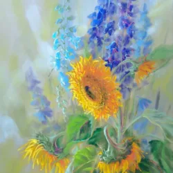 A sunny day. Sunflowers, delphinium
