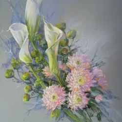 Frosty freshness. Calla lilies and chrysanthemums