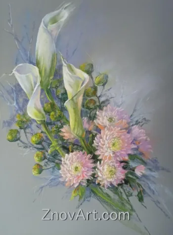 Frosty freshness. Calla lilies and chrysanthemums