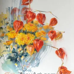 The glow of autumn lanterns. Physalis, chrysanthemums
