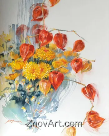The glow of autumn lanterns. Physalis, chrysanthemums