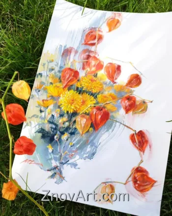The glow of autumn lanterns. Physalis, chrysanthemums - Image 2