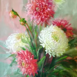Etude in crimson tones. Dahlias and chrysanthemums