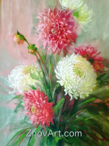 Etude in crimson tones. Dahlias and chrysanthemums