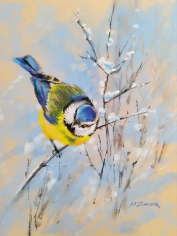 blue tit, bird painting, wildlife art, nature artwork, tree branches, winter scene painting, softpastel