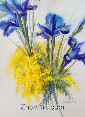 The colors of spring. Irises and mimosa
