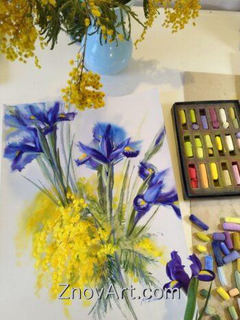 The colors of spring. Irises and mimosa - Image 2