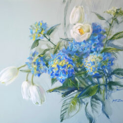 Etude in blue colors. Hydrangea and tulips