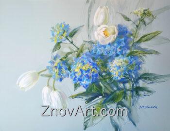 Etude in blue colors. Hydrangea and tulips