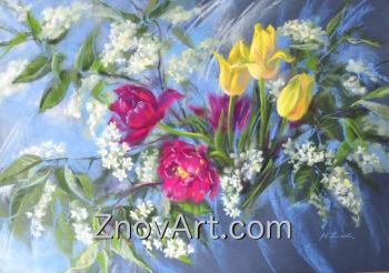 Tulips and Bird cherry branches