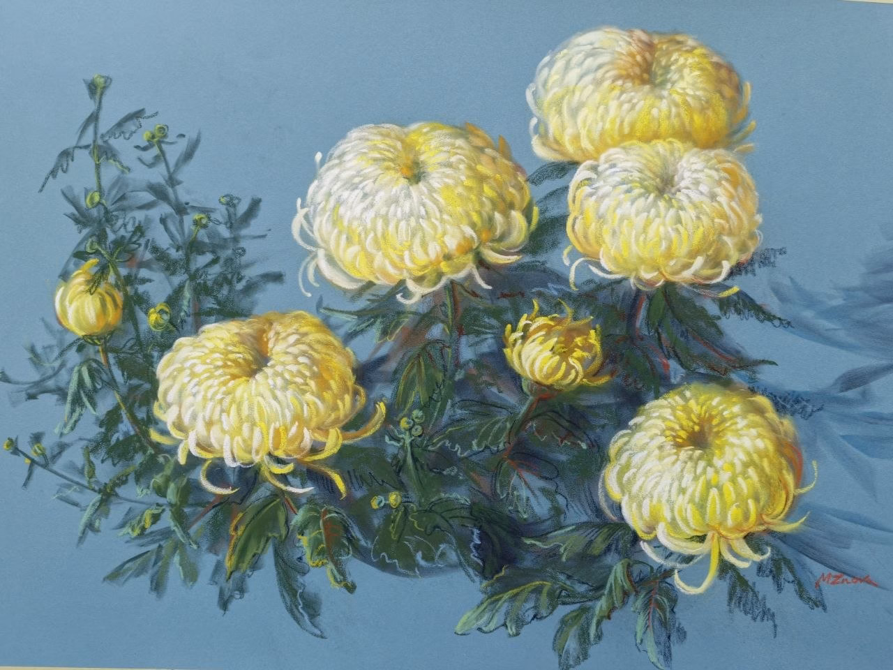 Yellow Chrysanthemums on Blue – original painting by Maria Znova