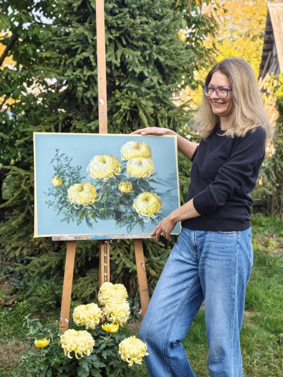 Yellow Chrysanthemums on Blue – original painting by Maria Znova (view 2)