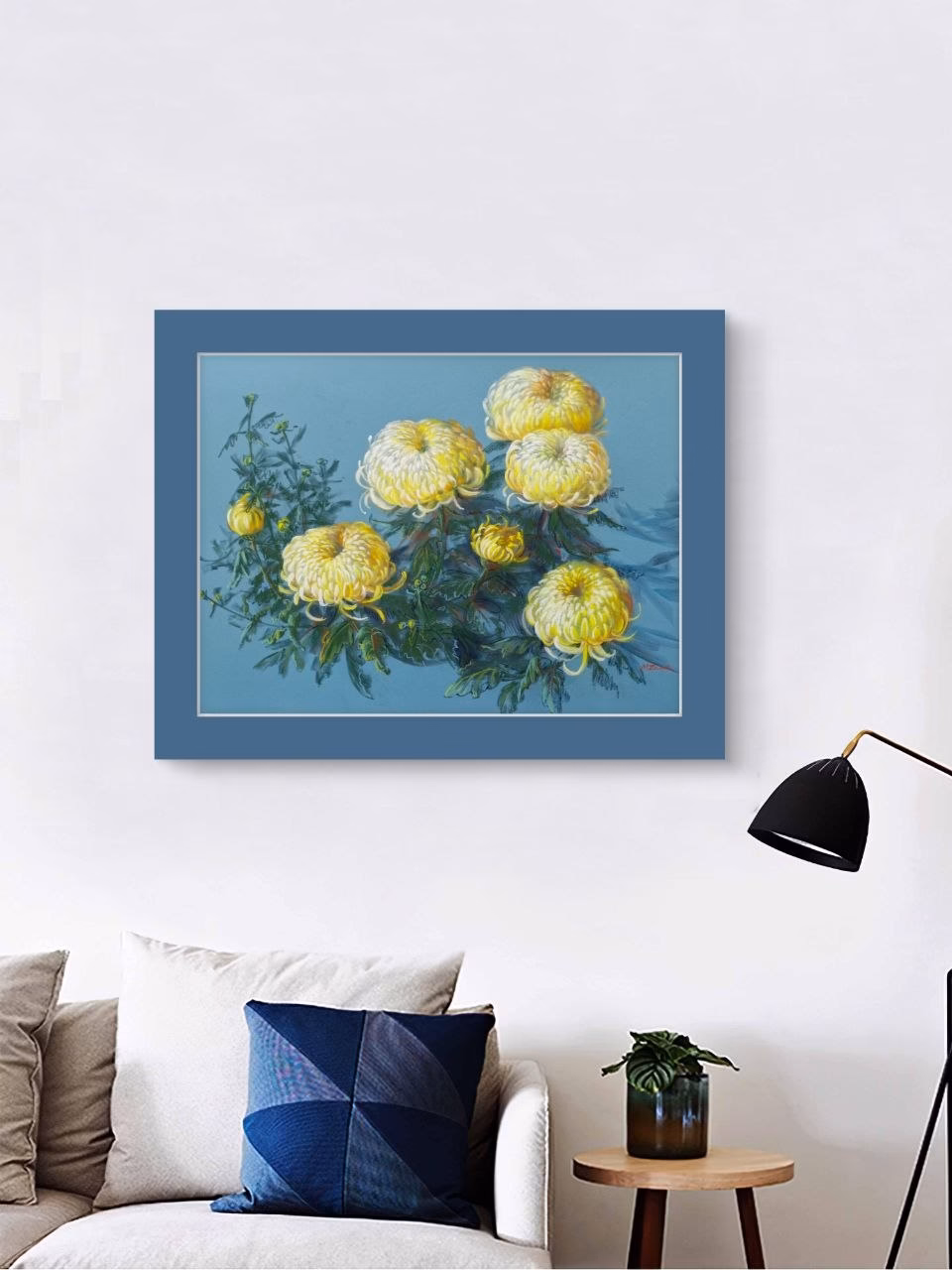 Yellow Chrysanthemums on Blue – original painting by Maria Znova (view 3)