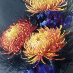 Original soft pastel painting Light Within, three orange chrysanthemums on a dark background