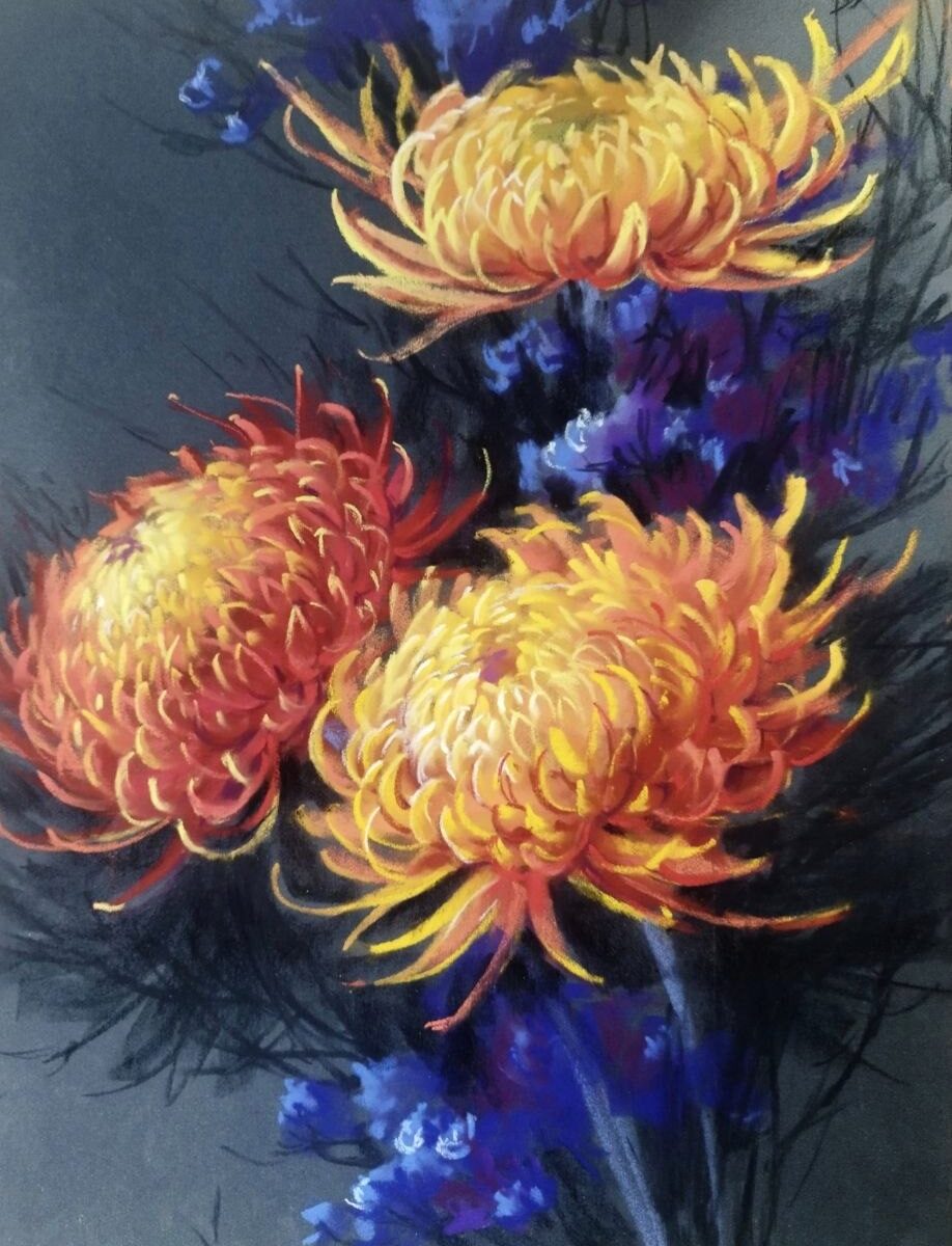 Light Within. Chrysanthemums. Soft Pastel Painting – original painting by Maria Znova