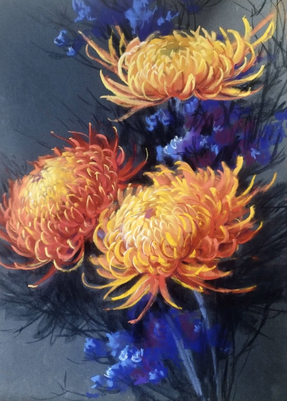 Light Within. Chrysanthemums. Soft Pastel Painting – original painting by Maria Znova